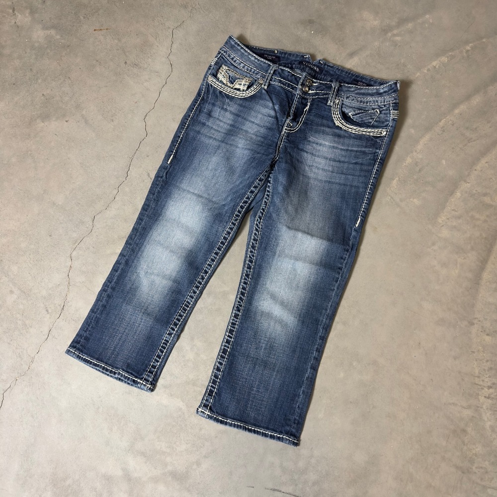Vigoss Chelsea Crop Jeans Womens 9/10 Blue Thick Stitch Embroidered Baggy Y2K